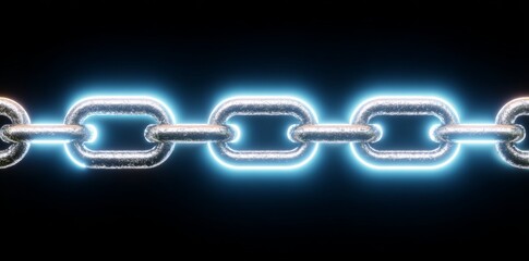 Obraz premium On a dark surface, a modern and vibrant atmosphere is created by shiny metallic chain links that are arranged elegantly and glow with a blue light
