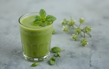 A glass of bright green smoothie topped with fresh basil leaves, set on a light gray surface against a soft, neutral background.

