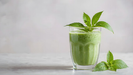 A glass of vibrant green smoothie garnished with fresh basil leaves on top, placed on a light gray surface with a soft neutral background.