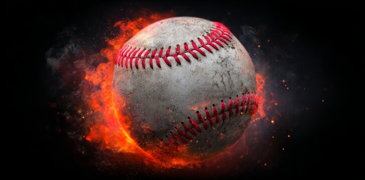 Surrounded by intense flames and blue smoke, a baseball in mid-air embodies the energetic and thrilling nature of the sport, evoking a sense of potent movement