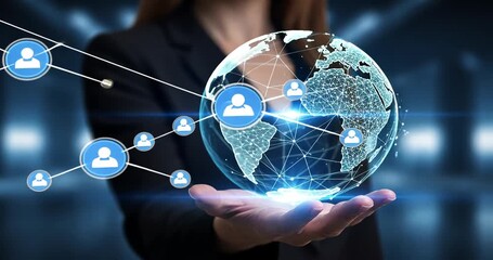 Business professional holding a digital globe with network connections in a modern office background - Powered by Adobe