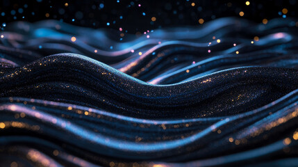 Mesmerizing abstract landscape of undulating dark blue glitter fabric with shimmering golden particles and ethereal bokeh lights creating magical, luxurious atmosphere