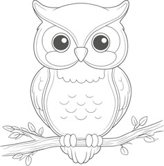 Fototapeta premium A charming cartoon owl sits on a twig, boasting big expressive eyes and fluffy feathers, all intricately detailed for artistic appreciation