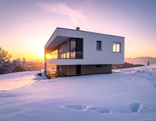Modern, white house with large windows in winter setting at sunset