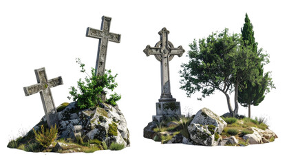Two stone cross ruin scenes with old trees isolated on transparent background.