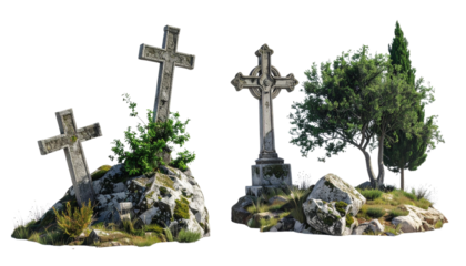 Two stone cross ruin scenes with old trees isolated on transparent background.