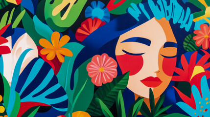 Vibrant tropical dreamscape with serene woman's face nestled amongst lush, colorful leaves and exotic flowers in modern, illustrative style