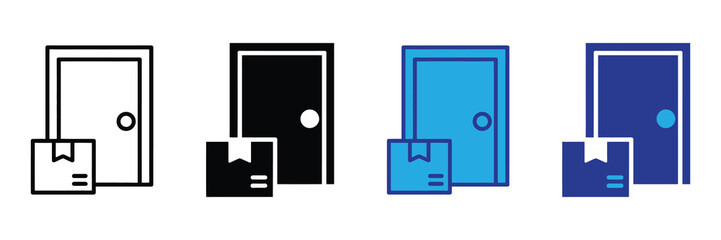 Delivery icon set showing a package left at the door in different styles, isolated on white background
