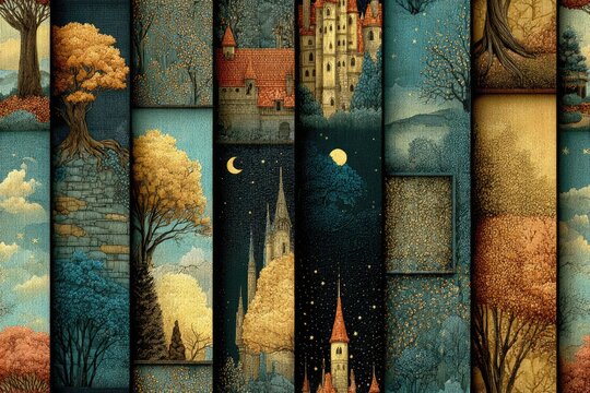 Fabric texture seamless pattern background Patchwork Storybook Tales Stitched-together scenes from fairy tales in a vintage storybook aesthetic