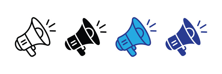 Set of four megaphone icons in different styles and colors, including outline, solid black, bright blue, and dark blue, isolated on white background