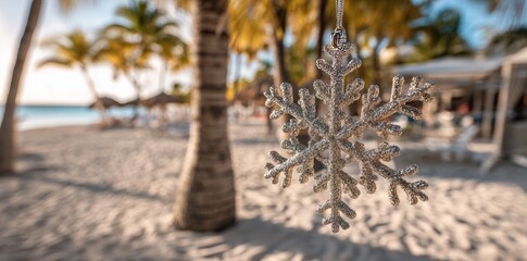 Against a brilliant blue sky and turquoise sea with waves crashing onto the shore, a palm tree leaf supports a suspended silver snowflake decoration