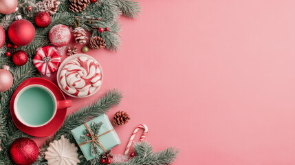 Festive Christmas flat lay with red and pink ornaments, sweet treats and winter greenery on vibrant pink background, perfect for holiday season greetings