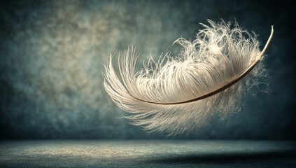 A soft gray backdrop provides a subtle contrast to a delicate white feather suspended in the air, conjuring a sense of stillness and lightness that is characteristic of peaceful moments