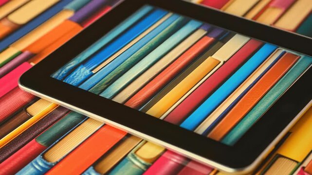 Colorful Digital Tablet Showcasing Technology and Literature in Vibrant Array of Books for Enhanced Reading and Education Experience