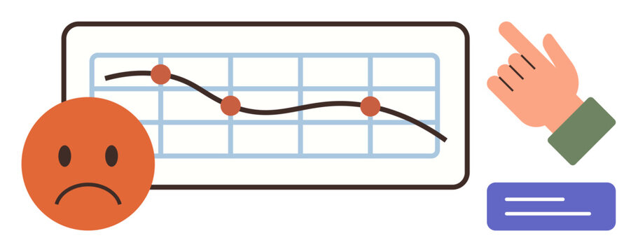 Sad face beside a downward trend graph with red nodes, a pointing hand, blue card. Ideal for business loss, economic decline, poor performance, failure, recession, financial crisis simple flat