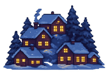 Naklejka premium Pixel art winter village at night with snow-covered cabins, glowing windows, festive holiday atmosphere, transparent background