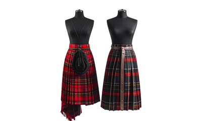 Two variations of colorful tartan kilts for Scottish heritage isolated on transparent background.