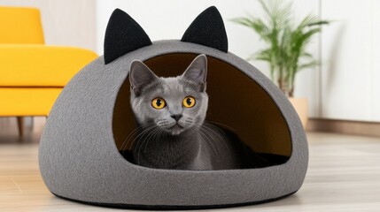 Cozy gray cat house with playful black ears resting in bright, sunny living room ambiance