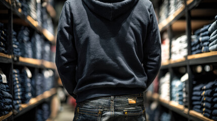 Fototapeta premium Person browsing through a factory outlet store with organized denim shelves