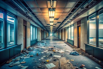 Deserted Office Corridor: Dirty Floor, Aerial View - Stock Photo