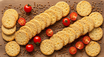 Wholesome Flaxseed Crackers & Cherry Tomatoes on Rustic Wood. Healthy Snack, Grain Crispbread, Diet Nutrition.
