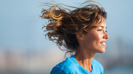 Smiling adult woman with messy hair in motion on blue background.