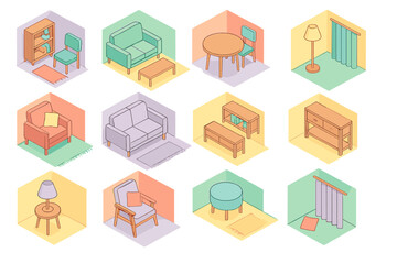 Isometric home furniture pieces including sofa, armchair, table, cabinet, and floor lamp