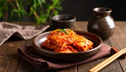 Traditional Korean Kimchi on a rustic Plate accompanied by wooden chopsticks. 