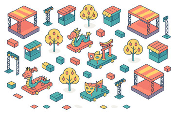 Isometric festival and parade assets including stages, market stalls, trees, and dragon floats
