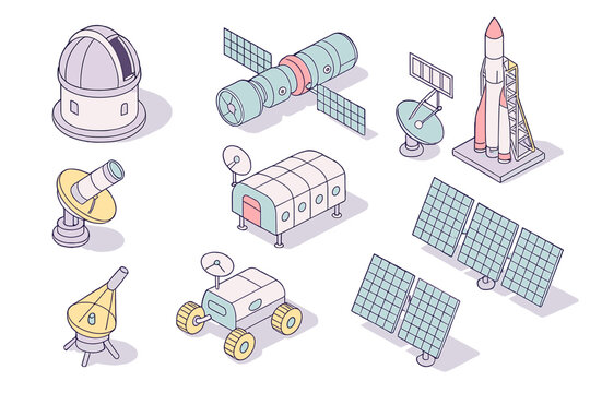 Isometric icons of space exploration technology and astronomy equipment