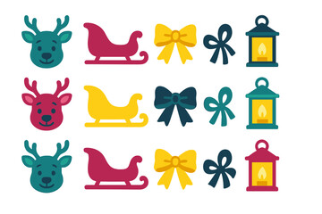 Festive Christmas and winter holiday symbols set featuring reindeer, sleighs, bows, and glowing lanterns