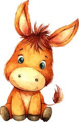 Watercolor stock illustration of a smiling donkey doll is available
