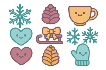 Charming winter season elements featuring smiling hearts, snowflakes, pine cones, sled, and warm accessories