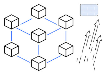 Blockchain cubes connected with lines, security wall graphic, upward arrows representing growth and scalability. Ideal for technology, blockchain, data security, innovation, infrastructure, growth