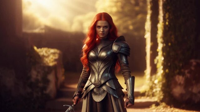 Fierce red haired woman warrior walking with a sword