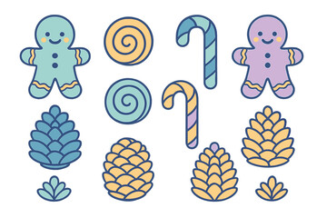 Cute pastel Christmas elements set featuring gingerbread cookies candy canes and pine cones