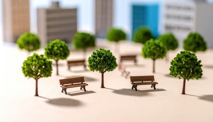 Obraz premium Miniature City Park Diorama with Green Trees and Benches