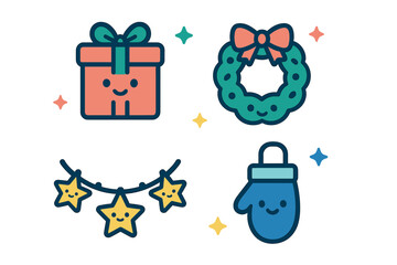 Obraz premium Set of cute smiling holiday icons including a gift box, festive wreath, garland, and winter mitten