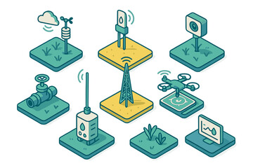 Isometric icons set representing smart farming technology, agricultural monitoring systems, sensors, drone, and weather station