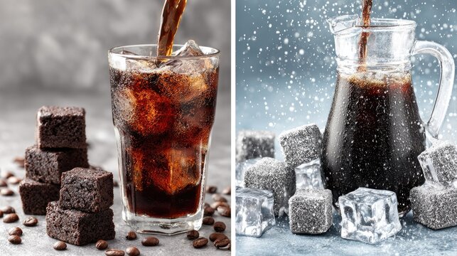 Rich beverages and sweet treats are presented with refreshing ice.