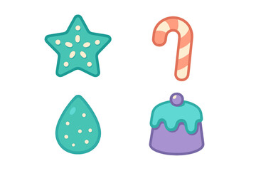 Cute stylized icon set featuring a starfish, candy cane, drop shape, and dessert cake