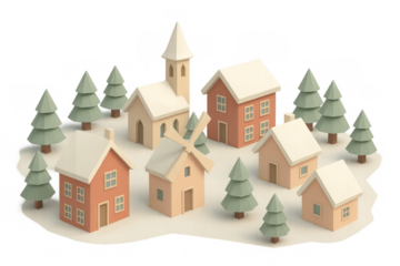 Low poly winter village with snow-covered houses, church, and windmill, creating a festive holiday scene on transparent background