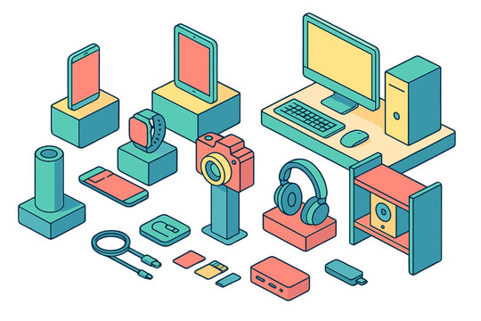Isometric set of modern electronic devices and digital technology gadgets