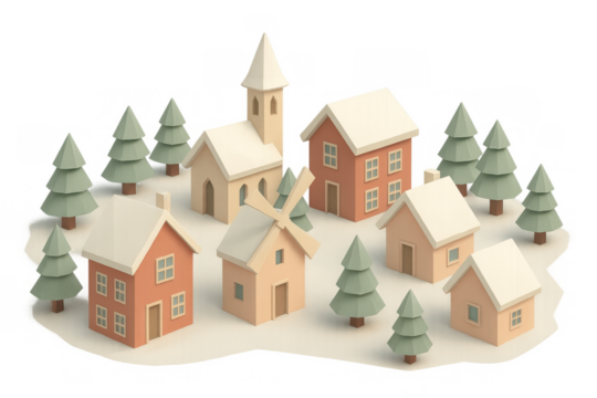 Low poly winter village with snow-covered houses, church, and windmill, creating a festive holiday scene on transparent background