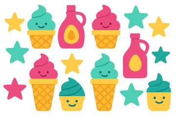 Cute smiling ice cream cones syrup bottles and colorful stars seamless pattern