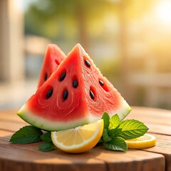 Fresh watermelon slices with lemon and mint on wooden table in summer light