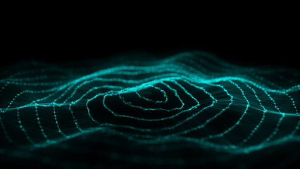 Abstract circle wave with moving dots. Flow of particles. Cyber technology illustration. 3d rendering.