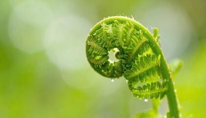 Green Fern Fiddlehead Coil with Dewdrops Macro Photography