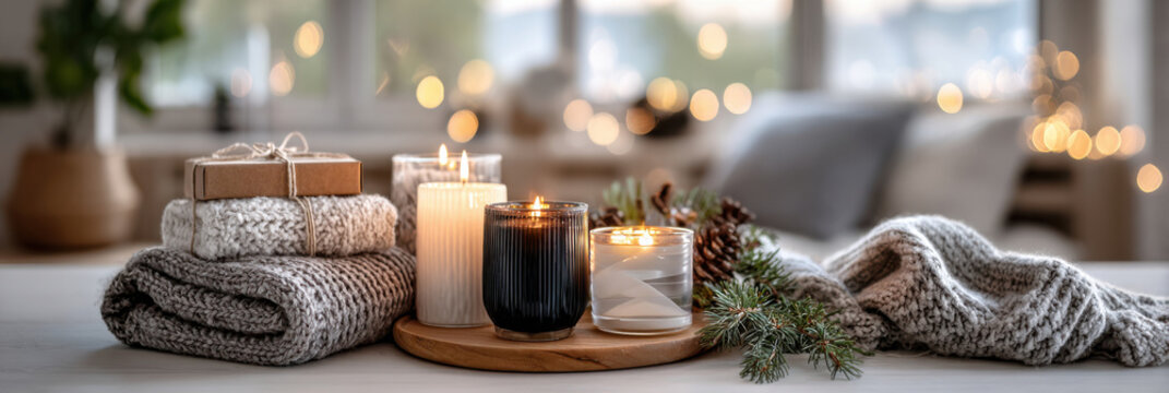 Cozy minimalist Christmas home decor banner in warm natural tones with gift boxes, candles, pine branches, and lights in a modern Scandinavian style. - Powered by Adobe