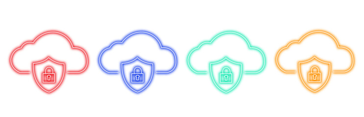 Four colorful cloud icons with shield and lock symbol inside, representing cloud security and data protection © Moynul Haque